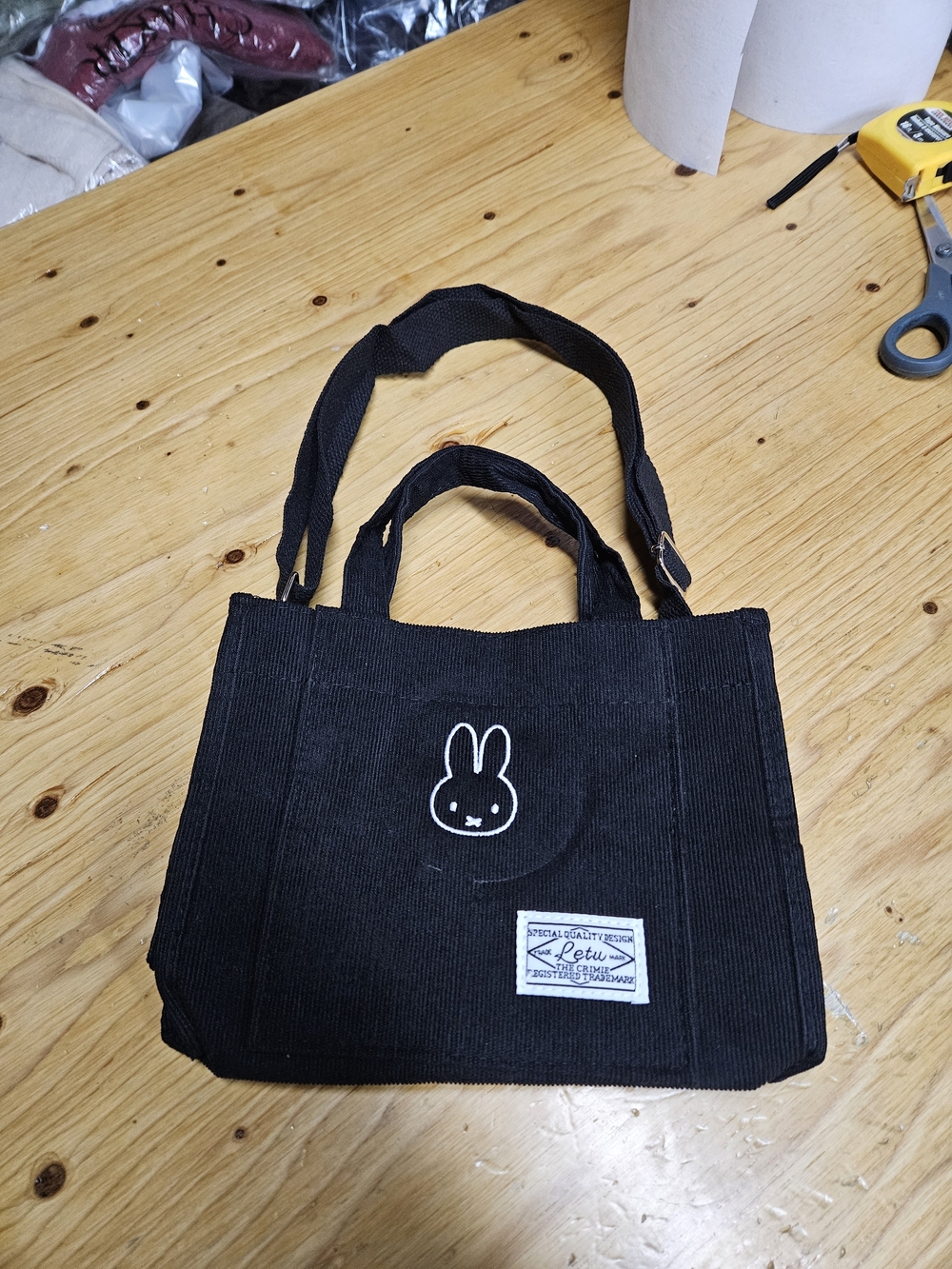 Miffy Black Corduroy Bunny Tote Bag with Dual Carry Handles